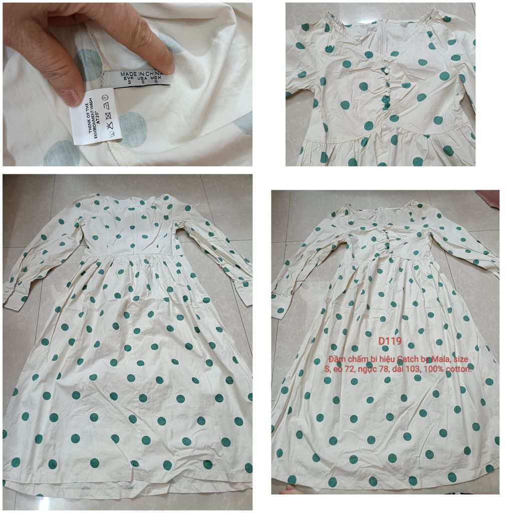 [CODE D119] CATCH ของแท้ b Mala Polka Dot Dress - แม็กซี่เดรสผ้าฝ้ายสีขาวลายจุดสีน้ําเงินแขนยาวคัดสร