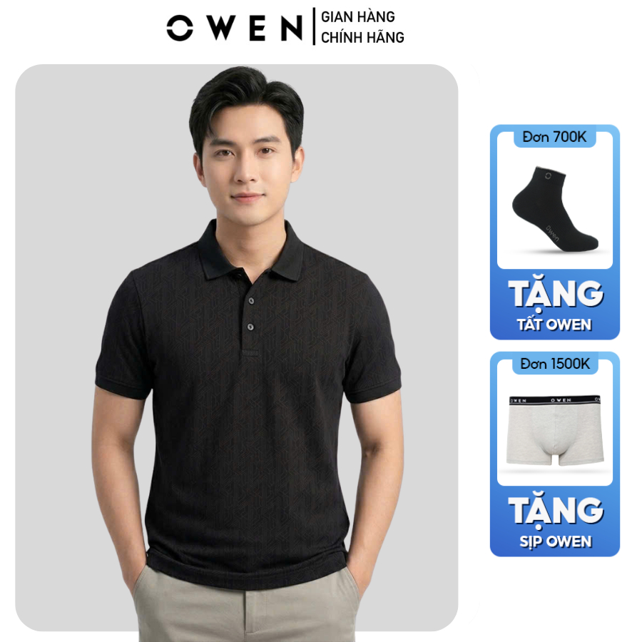 OWEN APV เสื้อโปโลผู้ชายแขนสั้นคอปก262041 สีดําลายบอดี้ฟิตผ้าคอตตอนนิ่มลดวัย