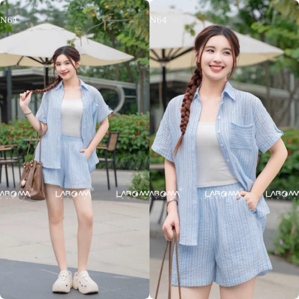 BN64 Laroma Spring Summer Womens Clothing Set with Short Sleeve Shirt & Shorts - ผ้าขูดคุณภาพสูง
