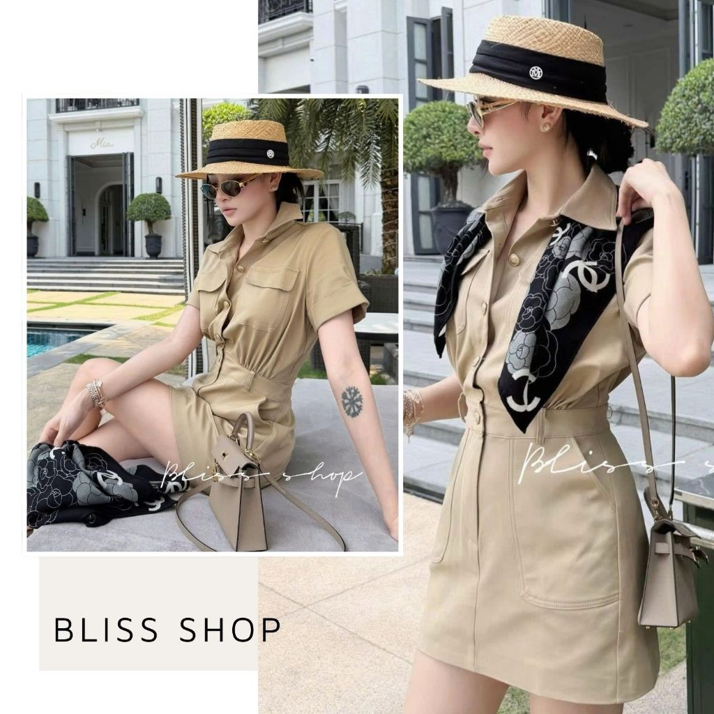 [เวอร์ชันพรีเมี่ยม] Bliss Shop เดรสเชิ้ตติดกระดุมแขนสั้นหรูหรา - J080