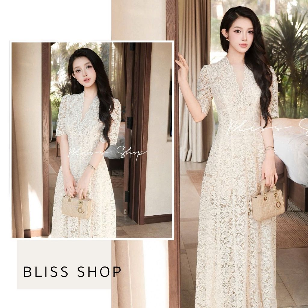 [การออกแบบระดับไฮเอนด์] Bliss Shop Embellished ชุดเดรสยาวลูกไม้ลายดอกไม้ - V845