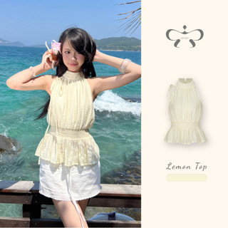 AREUM Áo cổ yếm LEMON TOP bo chun vải linen xước