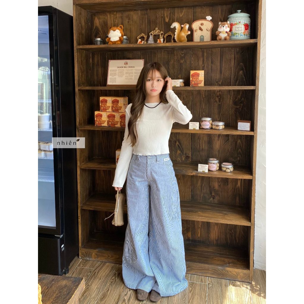 Bluekahven Khaki - กางเกงลายทางขากว้าง nhien.official NQD00003