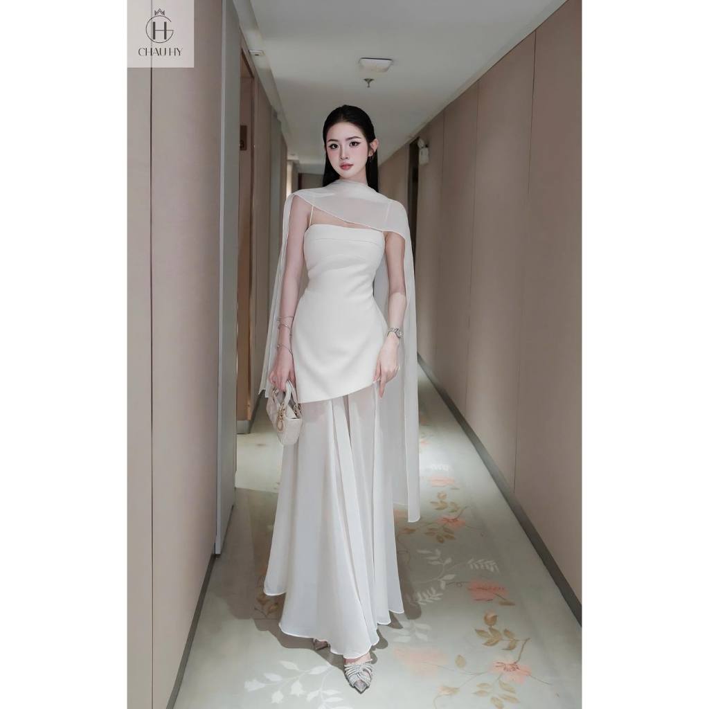 Julie Set- แม็กซี่เดรส 2 สาย ผ้าคลุมไหล่เฉียง - CHAU HY Design