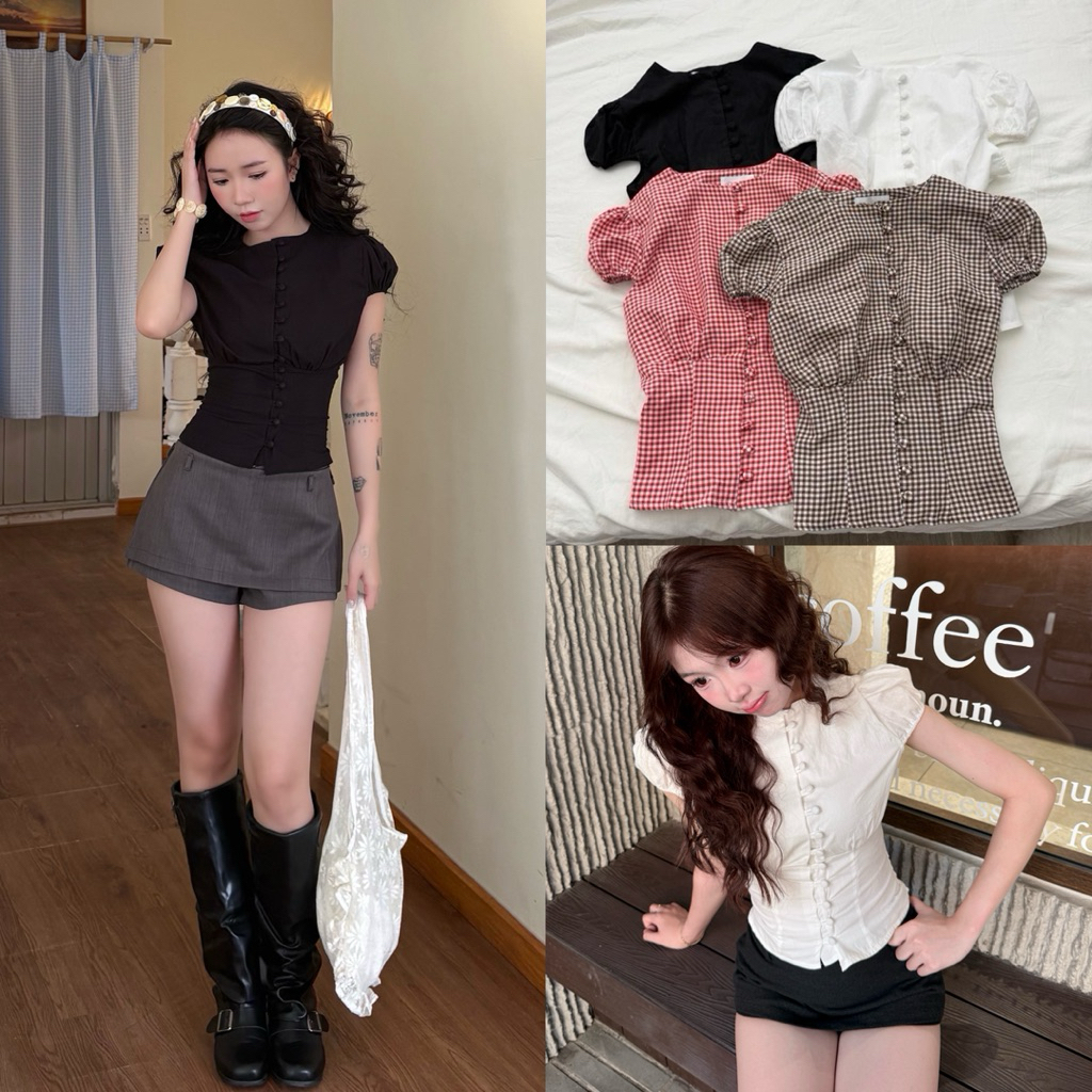 SARA TOP - DEROSE Back Smocking Shrug ปุ่มครอบคลุม Hem ภายในผ้านุ่มฤดูร้อน เสื้อผู้หญิง