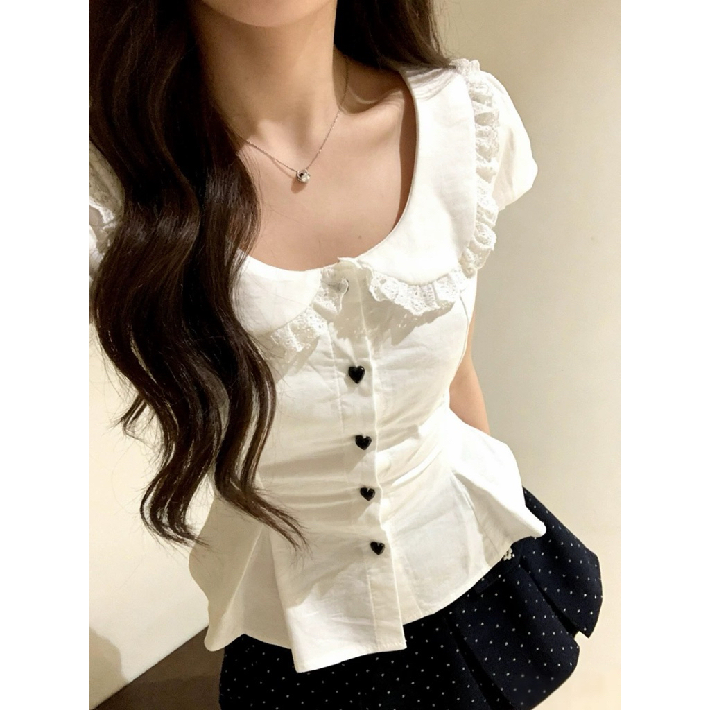 เสื้อคอปกบัวกระดุมหัวใจกระโปรงจับจีบ