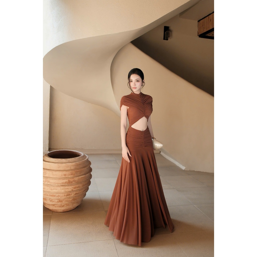 SHRIMPED SLEEVE DRESS WITH LONG CV WAIST