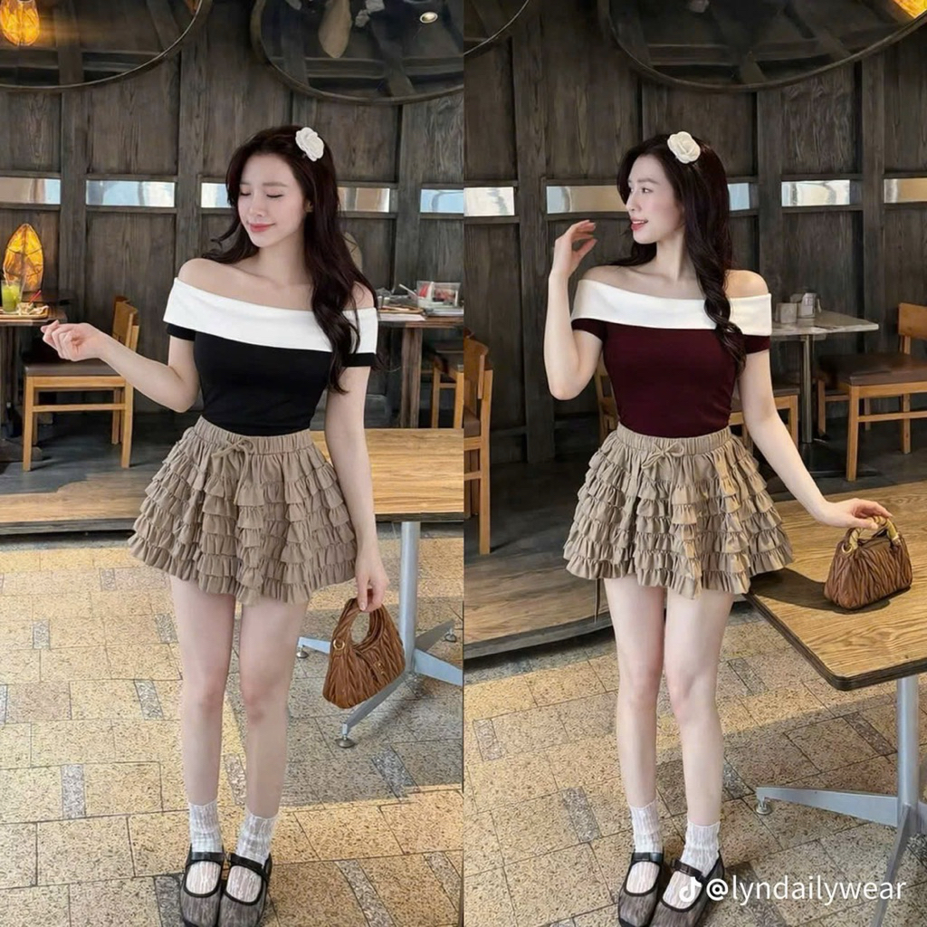 ก11-เสื้อยืดสตรีเปิดไหล่ชายขาวหวานและอ่อนเยาว์