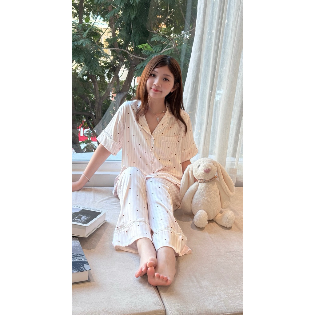 VELI SILK PAjamas - กางเกงขายาวแขนสั้นและกางเกงขายาวพร้อม heart pattern