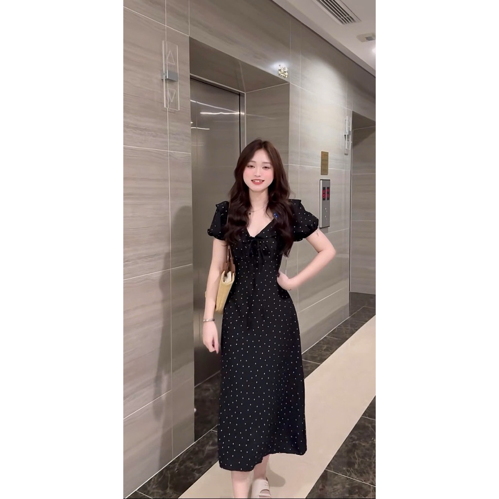 MIDI BLACK PORK DRESS พร้อมคอม้วน, TIGHT WAIST, แขนพอง