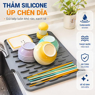 Thảm silicon úp chén đĩa ráo nước nhanh chóng DinoHome, Thảm silicon cách nhiệt chống trơn trượt, Miếng lót nồi đa năng