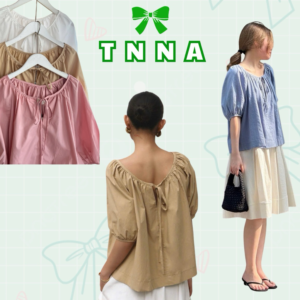 TNA_Bow Tie พัฟแขนเสื้อ, เสื้อผู้หญิงรอบคอ Drawstring Puff Sleeve Basic Loose Form