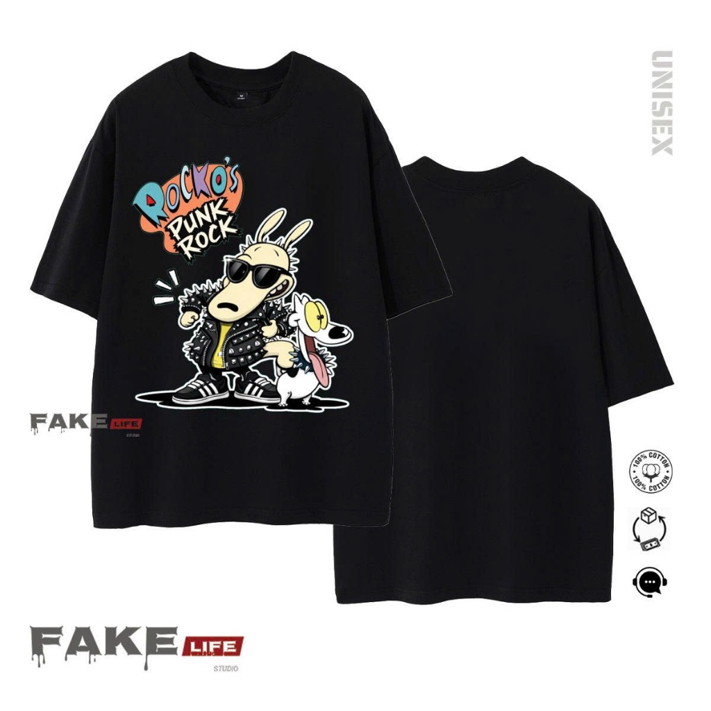 เสื้อยืดพิมพ์ลายคุณภาพสูง PUNK ROCK unisex FAKE LIFE รูปแบบหลวมสําหรับผู้ชายและผู้หญิงผ้าฝ้าย 100%