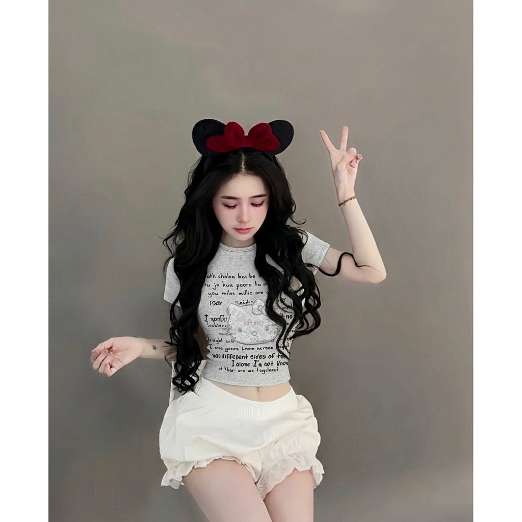 ( JERRY CLOTHINGS ) SLEEVED CAT EMBROIDERED CROPTOP เสื้อยืด