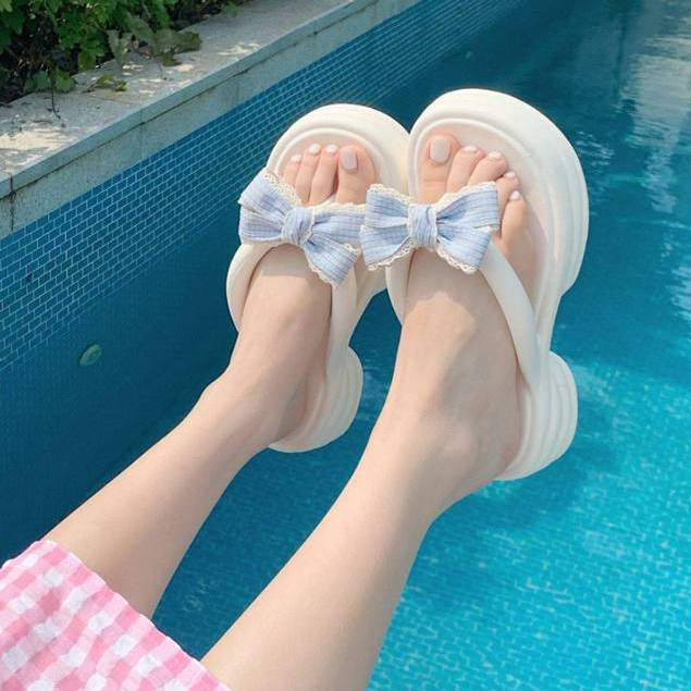 XIXITIAO EVA Sweet Dopamine Bowknot Flip-Flops สําหรับผู้หญิงฤดูร้อนที่เพิ่มความสูงหนาSoled