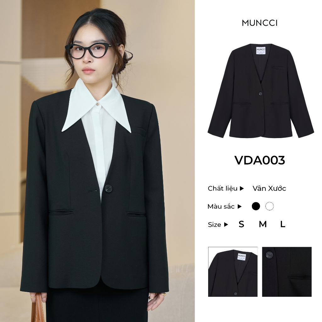 MUNCCI เสื้อแจ็คเก็ตเบลเซอร์เสื้อกั๊กคอปกสีขาวสําหรับผู้หญิง หรูหรา ตรง ง่ายต่อการพิกัดวัสดุ VDA003