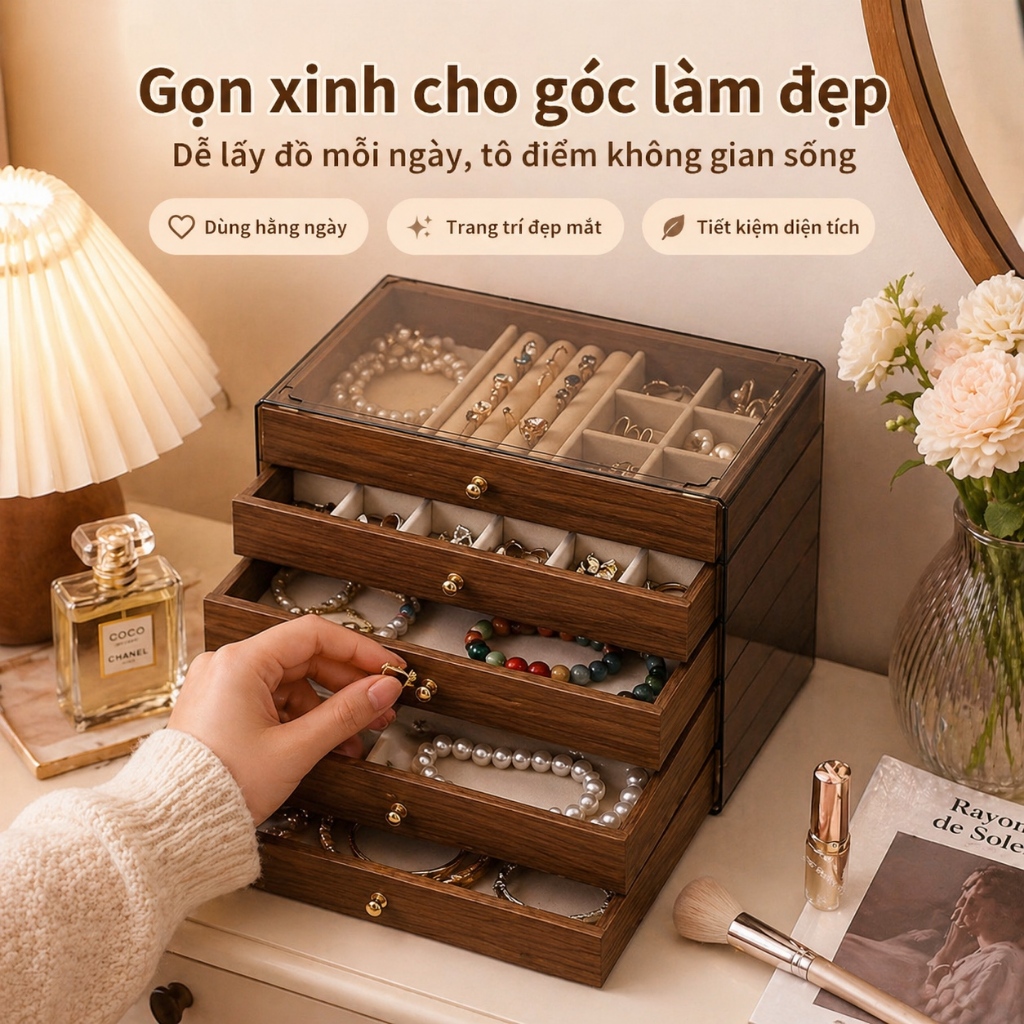 กล่องเครื่องประดับ 5 ชั้นทําจากไม้วอลนัทโปร่งใสถาดหุ้มกํามะหยี่คุณภาพสูง