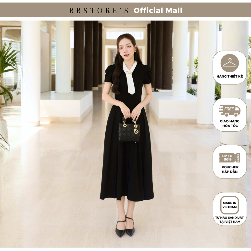 BBSTORES Office Swing Dress ผ้าฝ้ายยาวจีบหิมะ V คอหลวม - DAE24B