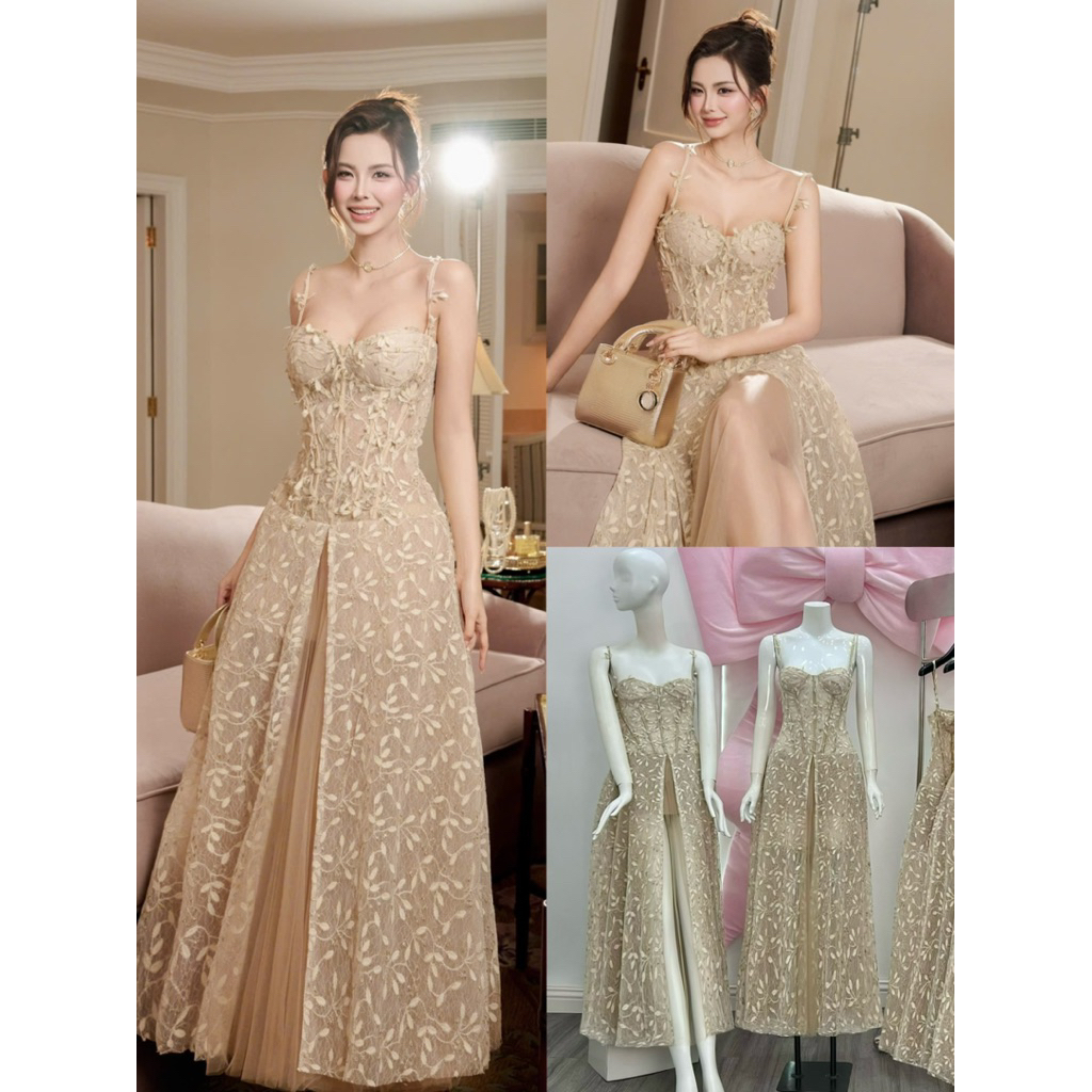 [มีจําหน่ายและภาพถ่ายจริง] LACE MAXI DRESS WITH FRONT SLIT