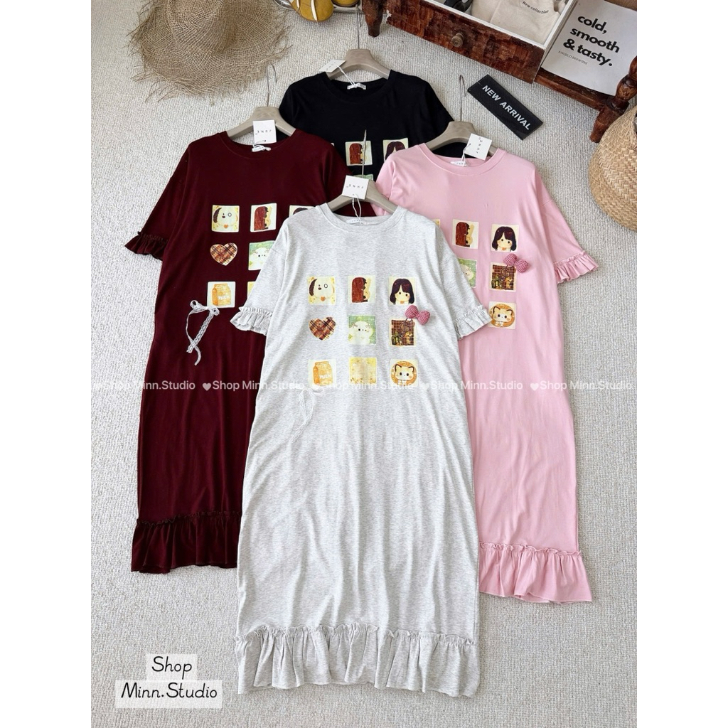 [Minn.studio] JN4-เดรสผ้าฝ้ายผสมจับจีบพร้อมแท็กโบว์ กระโปรงเสื้อยืดผ้านิ่ม เท่ห์ ยืด (สินค้ามาตรฐาน)