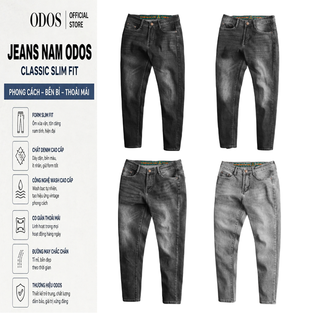 [ODOS DENIM] กางเกงยีนส์ผู้ชายแฟชั่นสีเทา - SlimFit Form - ผ้าคอตตอนยืดอย่างดี - รวม 4 สี