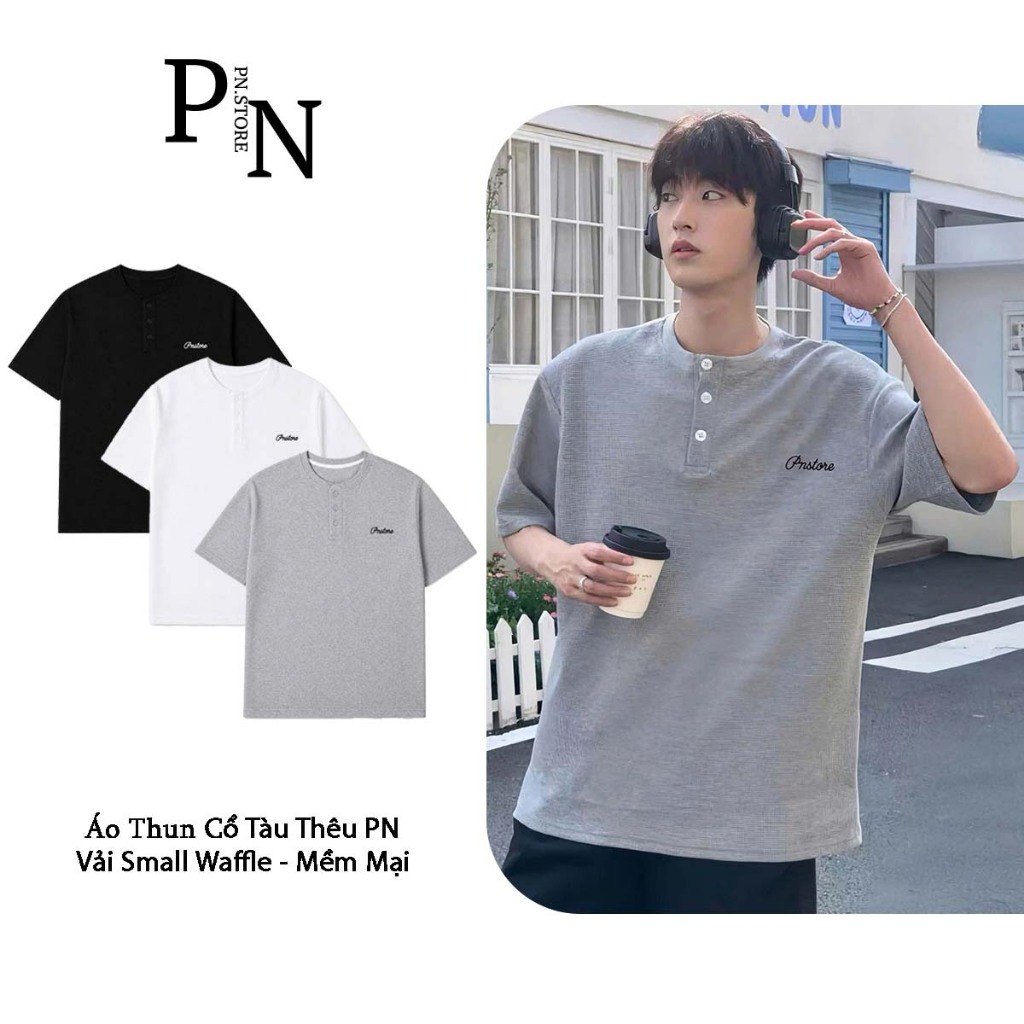 PN.STORE เสื้อยืดคอปกจีนผ้าฝ้ายรังผึ้งนุ่ม Unisex ผู้ชายและผู้หญิงแบรนด์ท้องถิ่น AT16