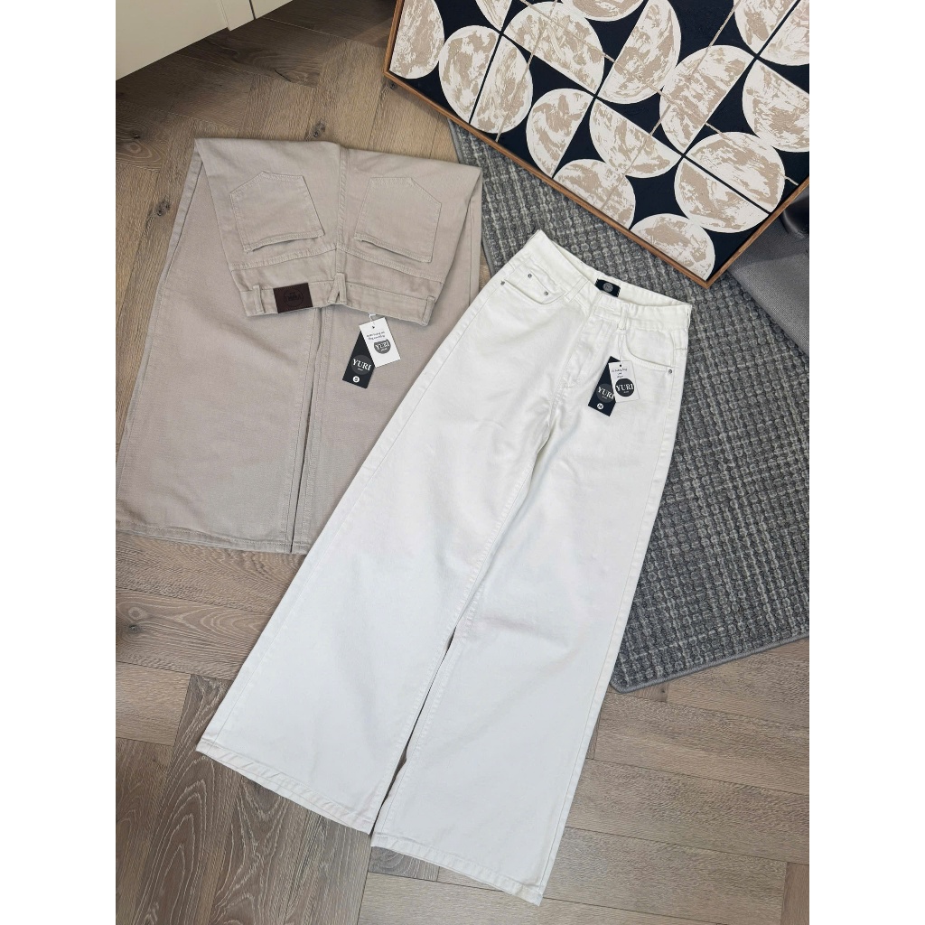 YURI JEANS - กางเกงยีนส์ขาบานกว้างของผู้หญิงสีเบจสีขาวขั้นพื้นฐาน