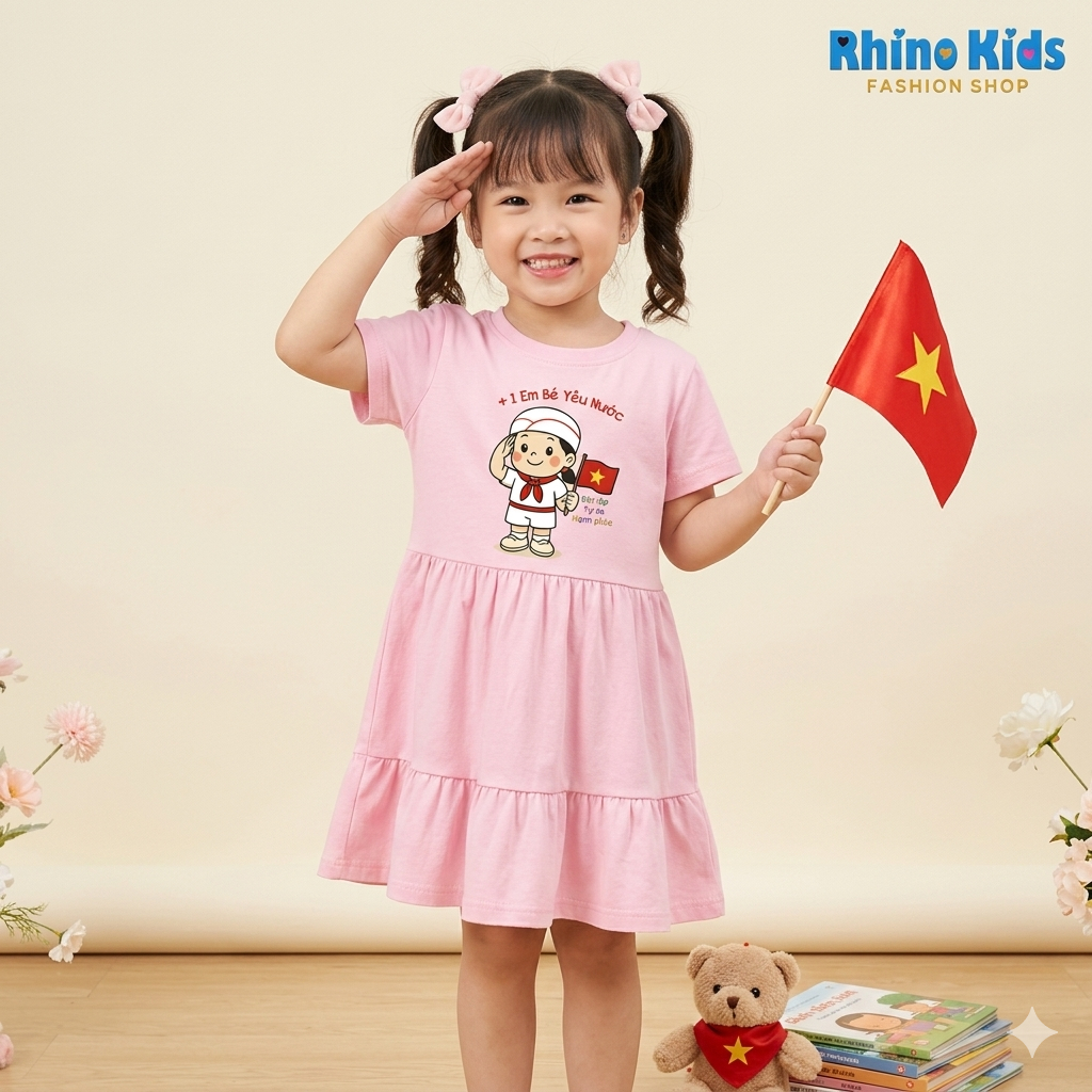 RHINO KIDS FASHION SHOP _ ชุดเดรสผ้าฝ้าย 4 ทิศทางสําหรับเด็กผู้หญิงผลิตในเวียดนาม V208