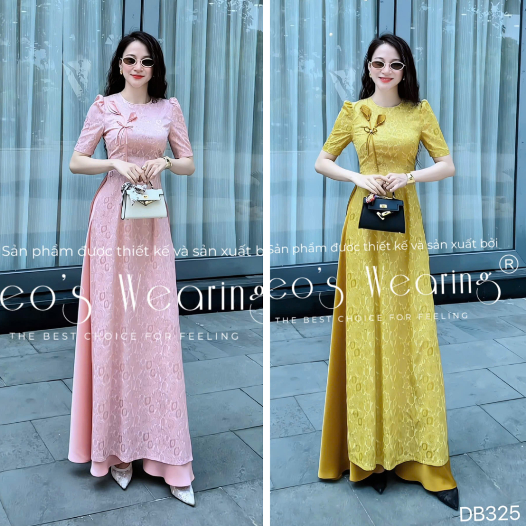 LEOSWEARING คอนซีลเลอร์ผ้าไหมโบรเคด ao dai Set พร้อมแต่งดอกไม้ที่ละเอียดอ่อน แขนสั้น และกางเกงกระโปร