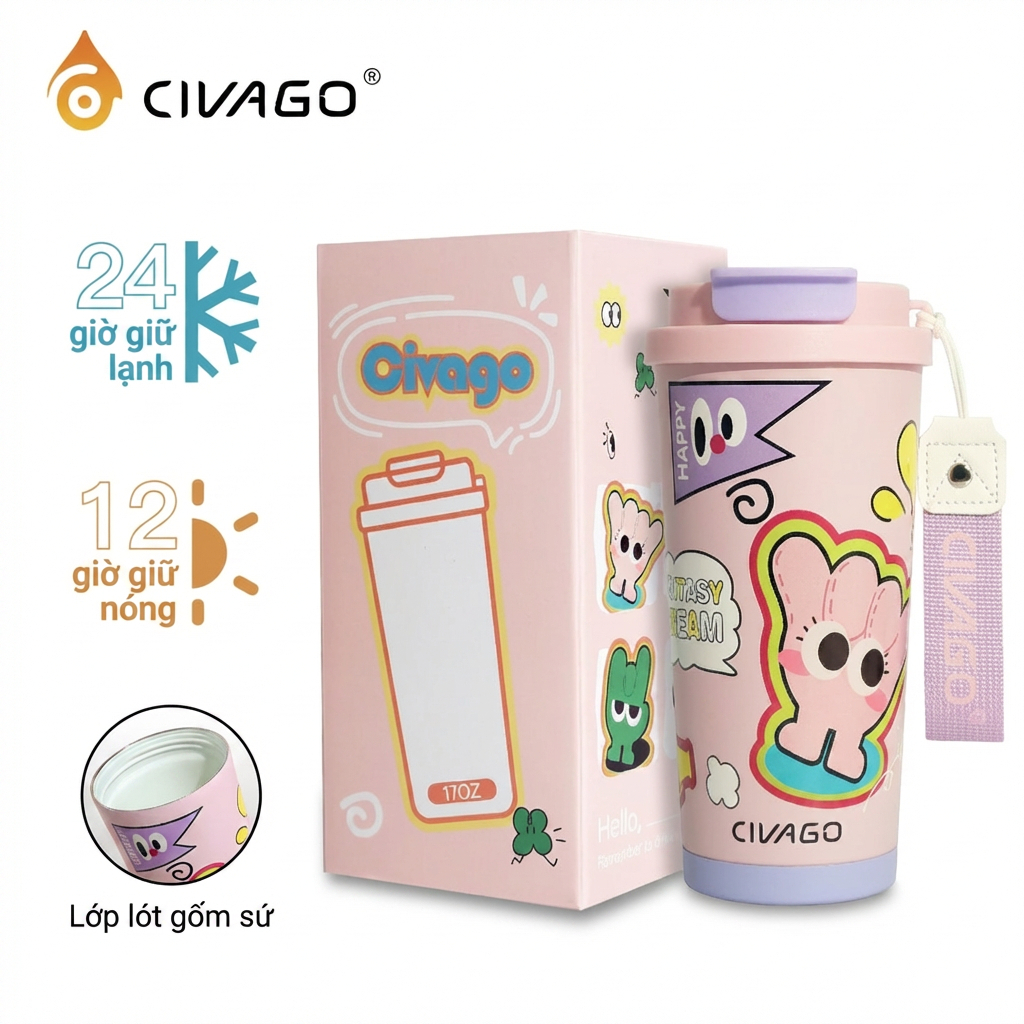 CIVAGO (17oz) กระติกน้ําร้อนหุ้มฉนวนสุญญากาศพร้อมหลอด ความจุขนาดใหญ่ ถ้วยกาแฟบุเซรามิก – Cartoon Ser