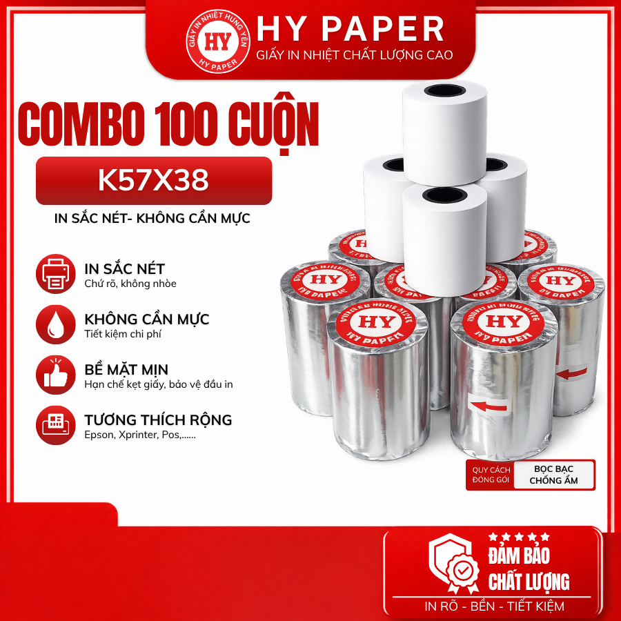 Combo กระดาษเทอร์มอล 100 ม้วน K57x38 57mm x 38mm สําหรับ Sunmi iMin Xprinter Bluetooth POS เครื่อง