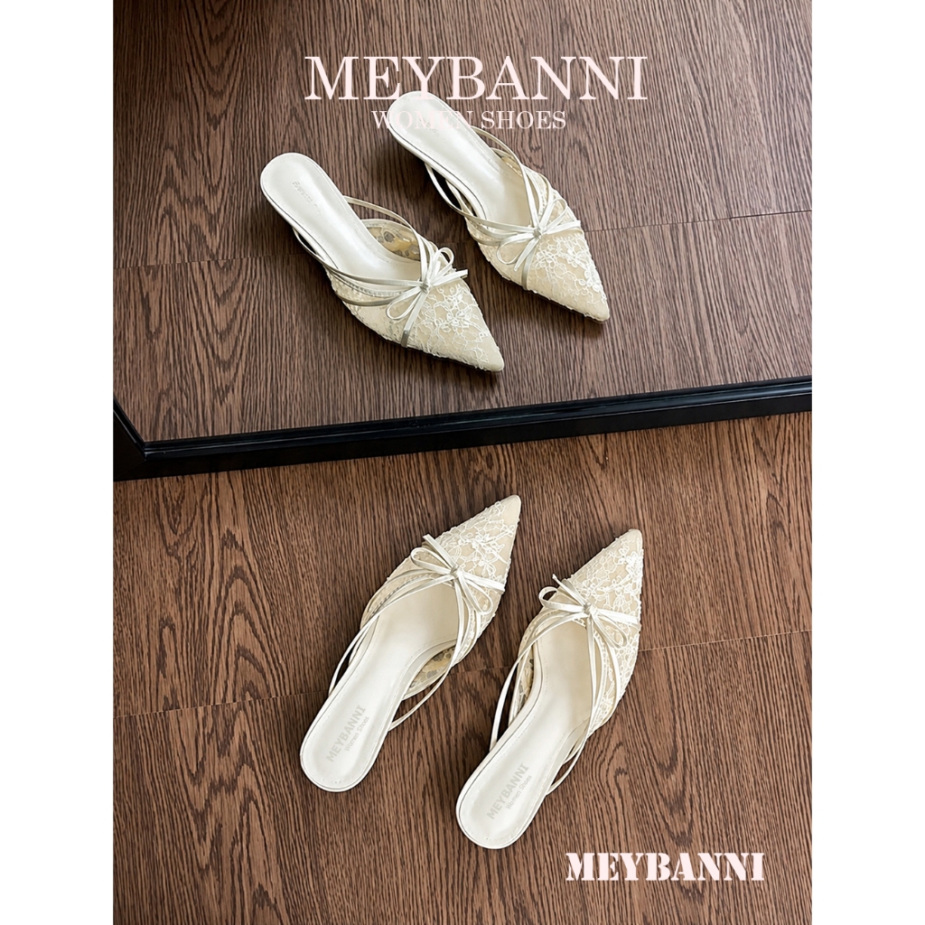 MEYBANNI รองเท้าหัวแหลมมีโบว์ตาข่ายลูกไม้สุดน่ารัก - A105