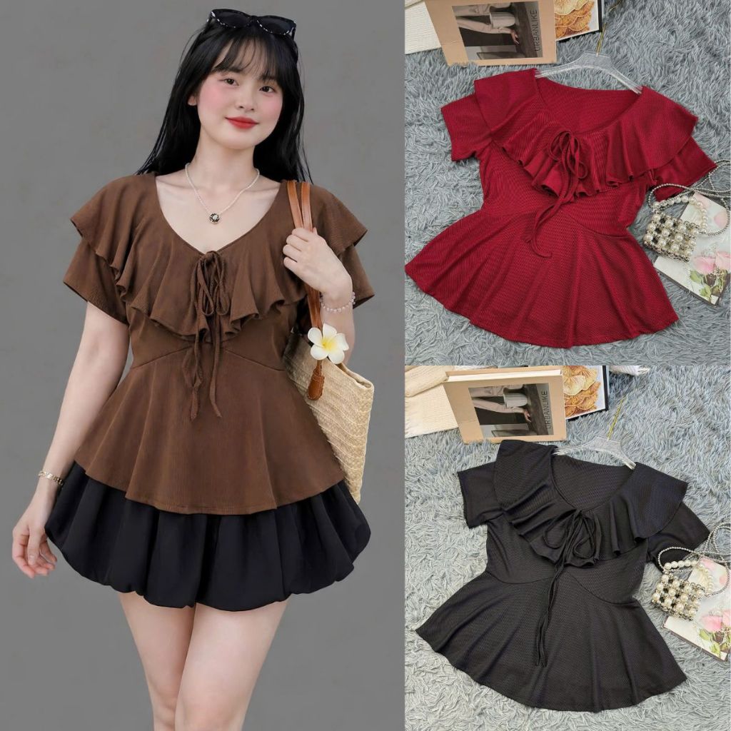 เสื้อสตรีไซส์ใหญ่คอปกระบายสีขาวและผูกโบว์เสื้อผู้หญิงบานเพื่อปกปิดหน้าท้องเพื่อแต่งร่างกายสําหรับสาวชูปี้- ก349