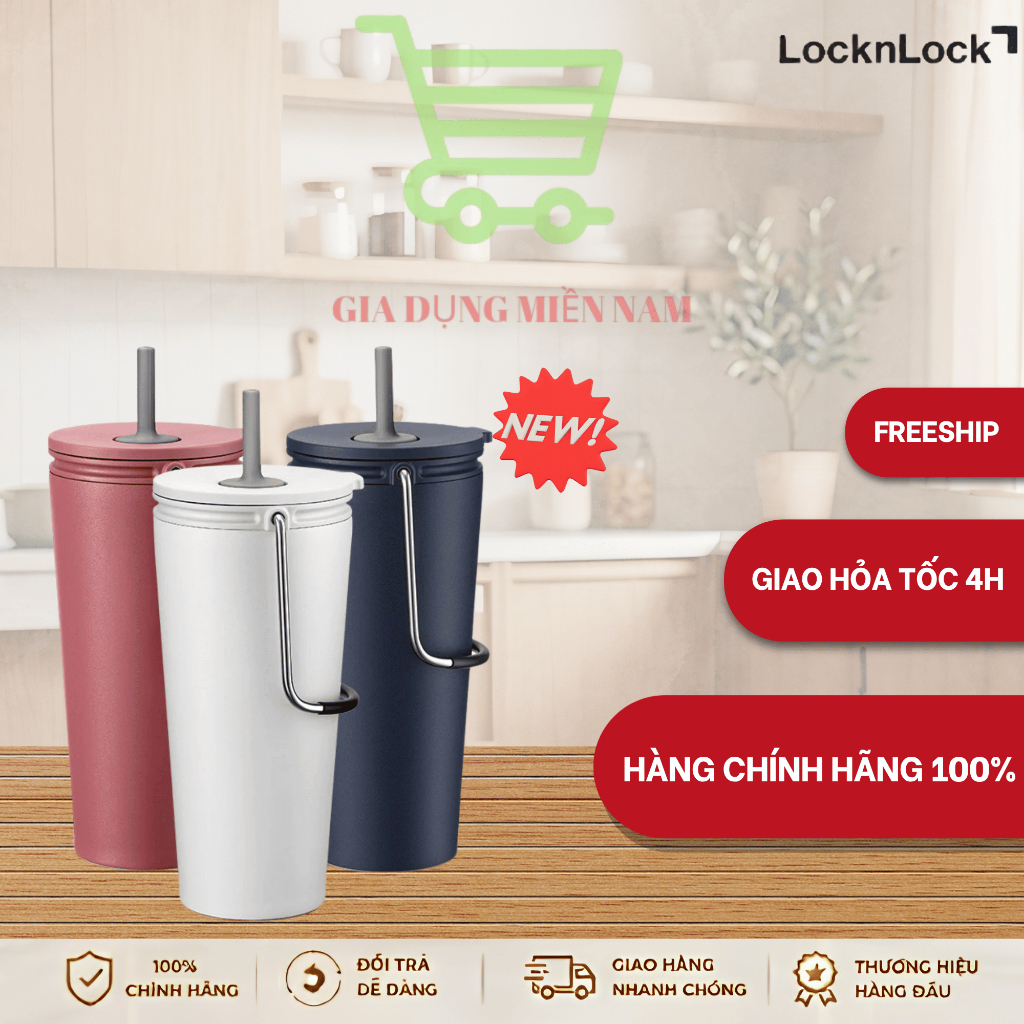 LocknLock Bucket Tumbler LHC4268 แก้วเก็บความร้อน ความจุ 540ml พร้อมหลอด - สินค้าของแท้
