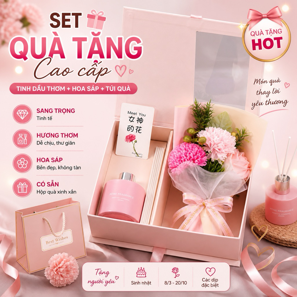 ชุดของขวัญรวมน้ํามันหอมระเหยอโรมาและดอกไม้ขี้ผึ้งพร้อมกล่องและถุงสําหรับแฟน, แม่, ครู