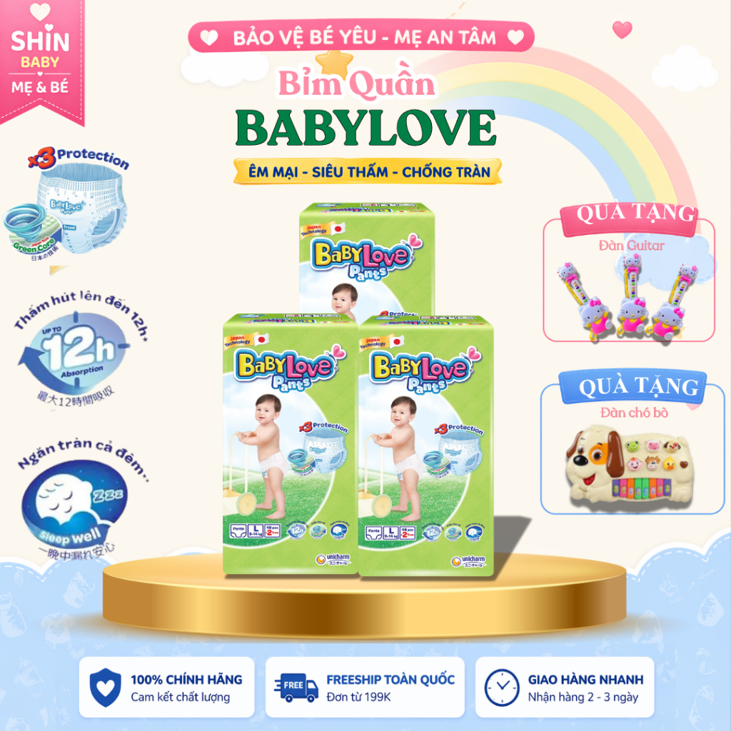 กางเกงผ้าอ้อมและกางเกง Super Dry Baby Love ของแท้ M48/L48/XL48/XXL48 – Combo 3 แพ็ค (48 ชิ้น/แพ็ค)