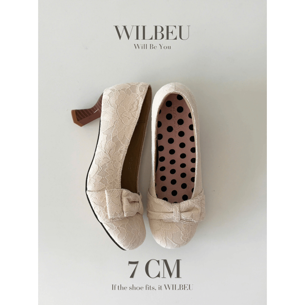 WILBEU Blossom รองเท้าส้นสูงผู้หญิง 7 ซม. หัวกลม ลูกไม้ และโบว์ สไตล์เลดี้วินเทจ