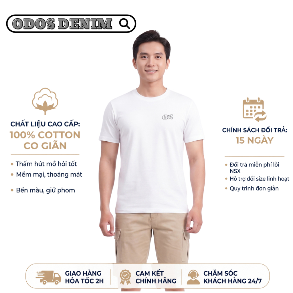 [ODOS DENIM] เสื้อยืดผู้ชายสีขาวคุณภาพสูงปักโลโก้ - ผ้าคอตตอนยืด 100% ดูดซับเหงื่อได้ดี