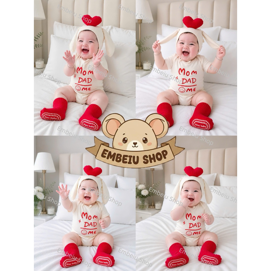 บอดี้สูท Dad & Mom Family with Hat for Boys and Girls 4–12kg – ผ้าฝ้ายเนื้อนุ่ม เย็นสบาย น่ารัก