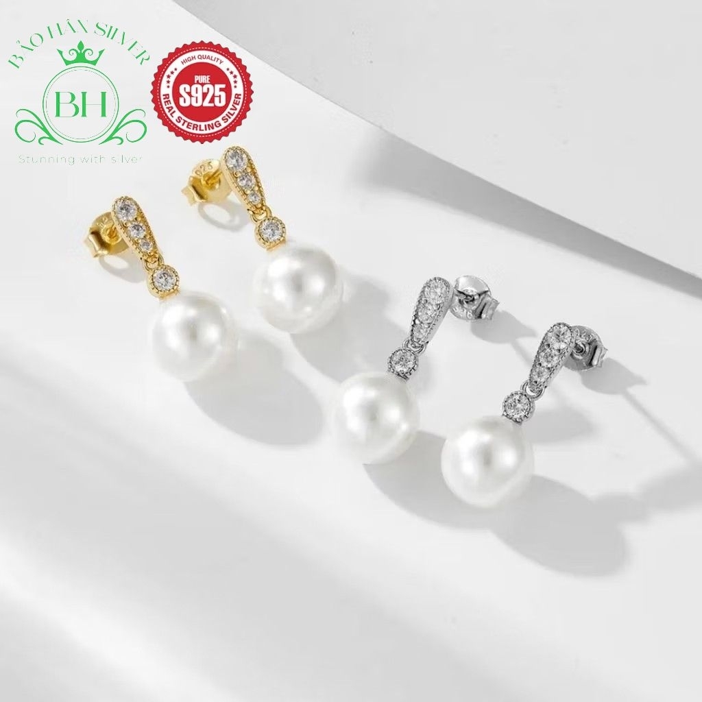 ต่างหูเงินแท้ 925 คุณภาพสูง ต่างหูมุกเงินผู้หญิงพร้อมหิน Cubic Zirconia 5A Bao Han Silver BH0050S