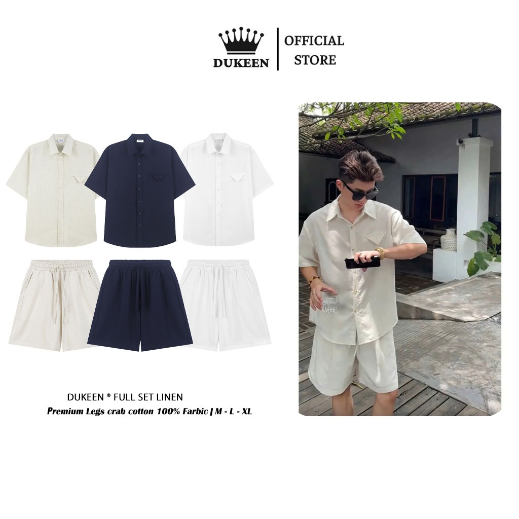 Dukeen Mens Set ชุดเสื้อเชิ้ตผ้าลินินแขนสั้นทรงหลวมสําหรับชายหาดฤดูร้อน DK114