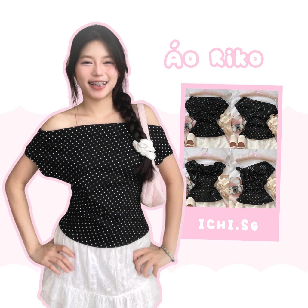 Riko top - เสื้อยืดลายจุดปาดไหล่ -
