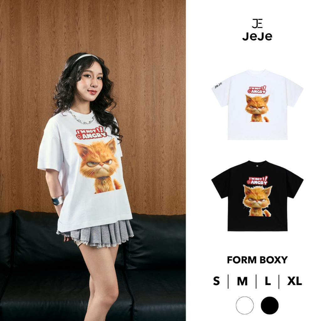 JeJe Yello Grummy Cat – เสื้อยืดผ้าฝ้ายกล่องสําหรับผู้ชายและผู้หญิง 250gsm ลายแมวพิมพ์ลาย IM NOT ANG