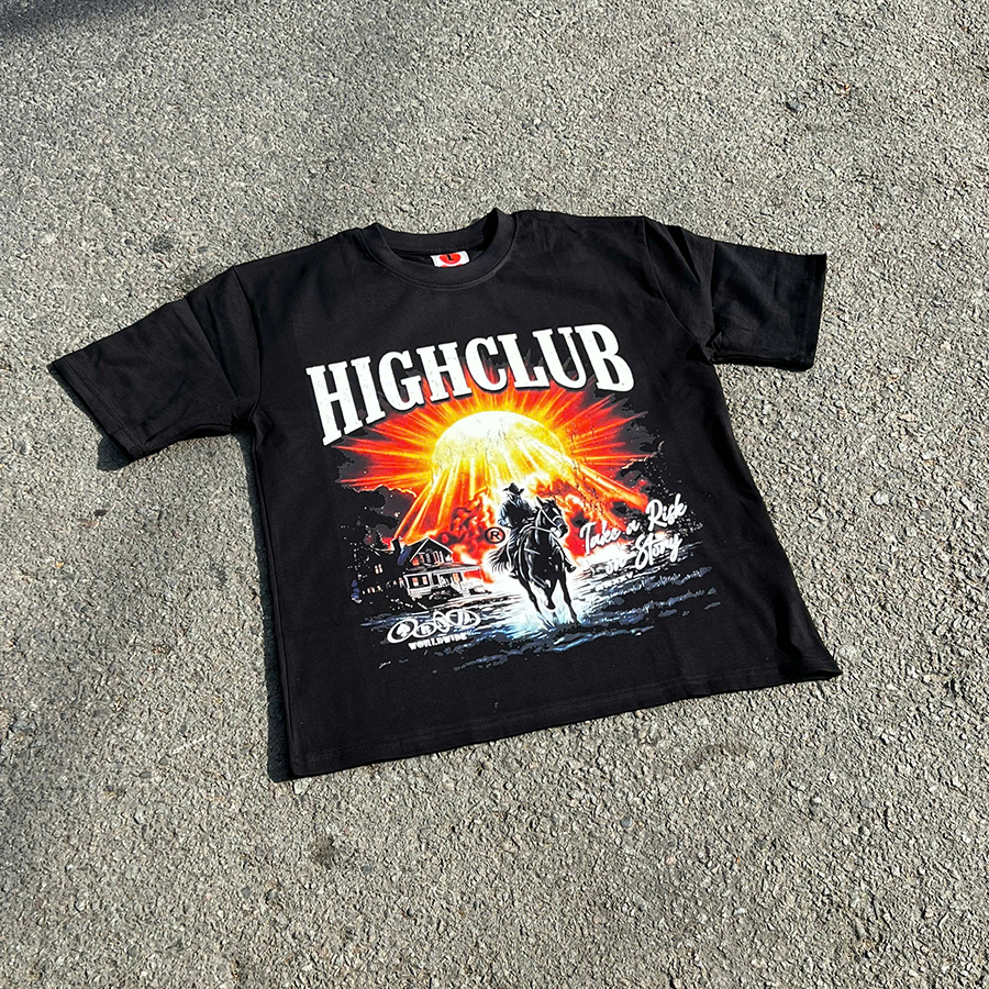 HIGHCLUB unisex คอกลม แขนสั้น COWBOY TEE - สีดํา