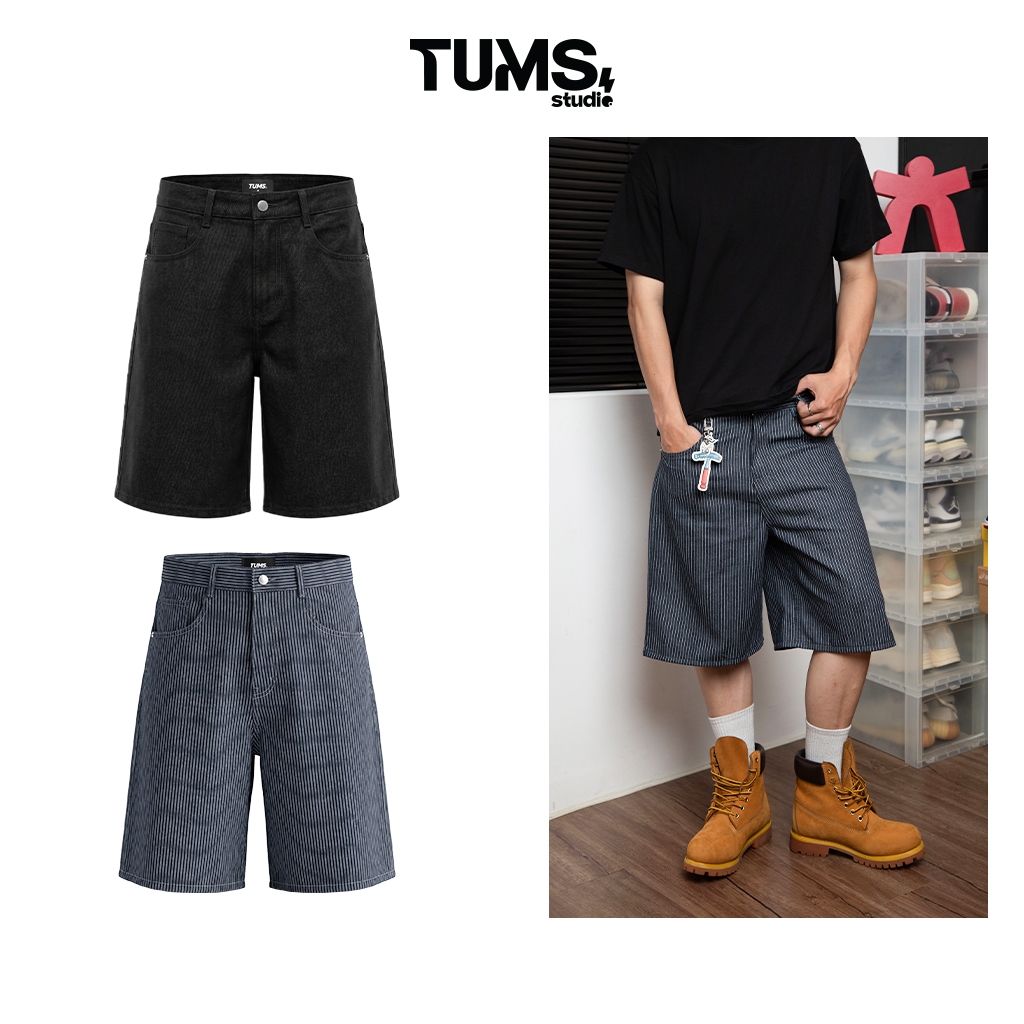 กางเกงยีนส์ขาสั้น | TUMS DENIM SHORT WIDE-TUBE STRAIGHT FOR DAILY WEAR สีดํา/ลายทาง