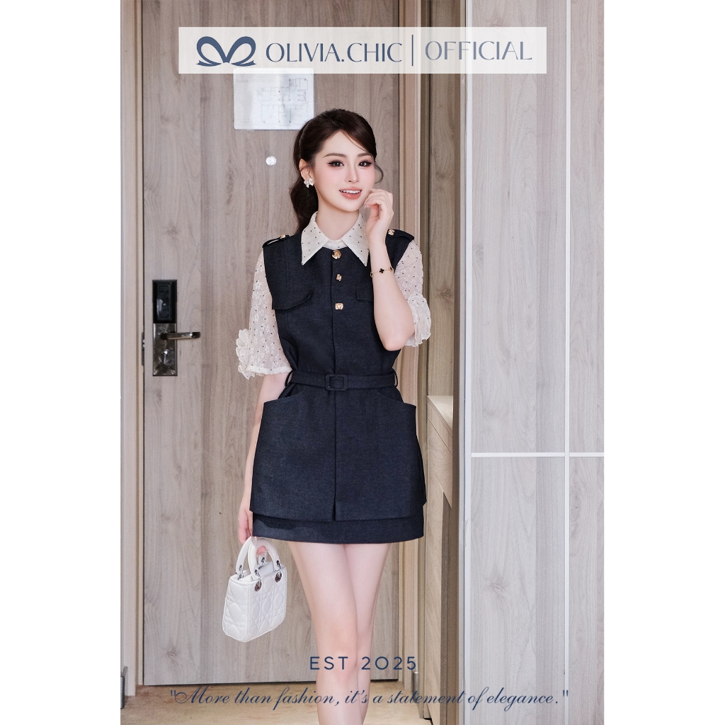 OLVIIA.CHIC Office Set, Silk Cowboy Gile with A-Line Skirt and Ball Shirt A1076+S1077