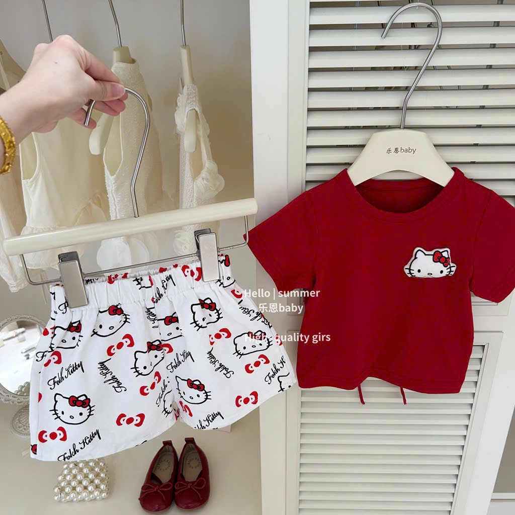 Hello Kitty Baby Girl ชุดแฟชั่นเกาหลี เสื้อ+กางเกง