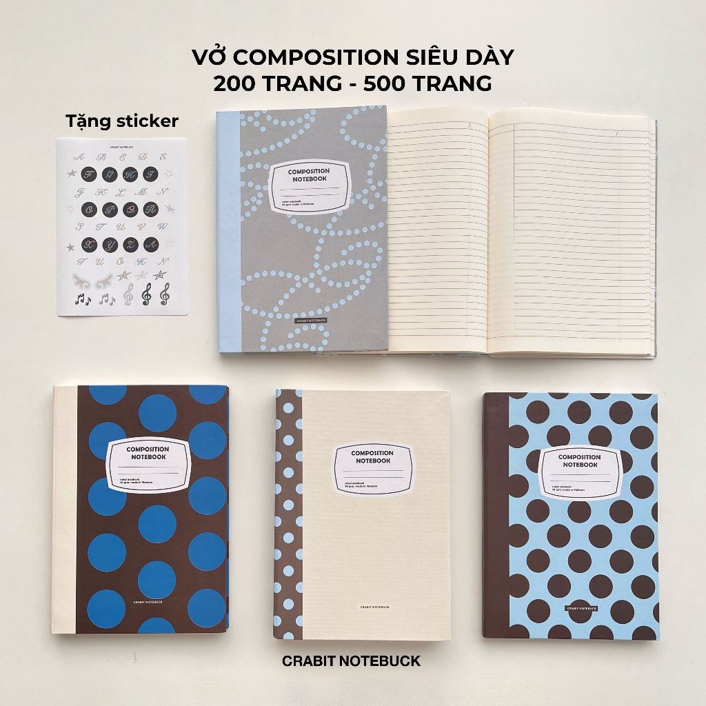 [GIVE STICKER] สมุดบันทึกแนวนอน 200 300 500 หน้าสมุดบันทึกปกแข็ง Composition Crabit polka Dots - เชื่อมต่อกัน The Dots
