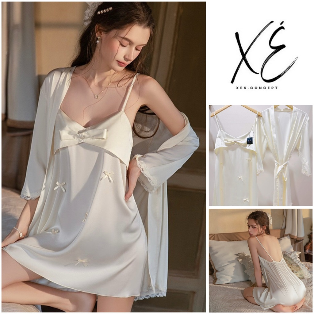 Nightdress (V68) - ชุดนอนผ้าไหมเรียบง่ายมีโบว์