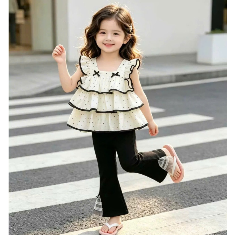 เสื้อผ้าเด็กชุด – นางฟ้า หาง ใต้วงแขน ชุดเด็กผู้หญิงชุดที่มีคุณภาพสูง รัฟเฟิล ด้านบนกับกางเกงบาน (1–5 ปี)